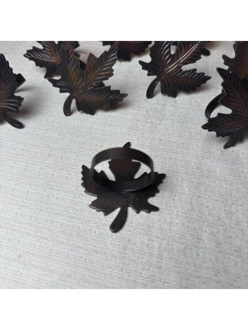 Vintage Maple Leaf Napkin Rings Set of 6 Metal Brown Bronze Fall Table Decor